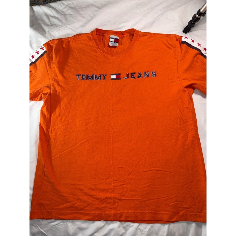 Vintage Tommy Jeans Mens XL Orange Star Sleeve Stripe T-Shirt Oct 2001 Y2K